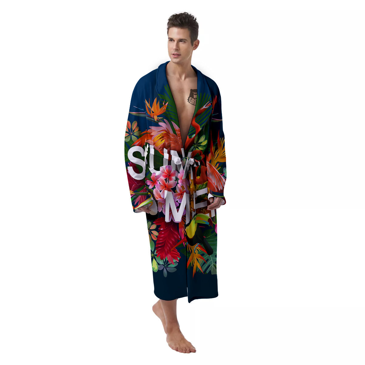 Summer Tropical Birds And Flowers For Travel Print Men's Robe-grizzshop