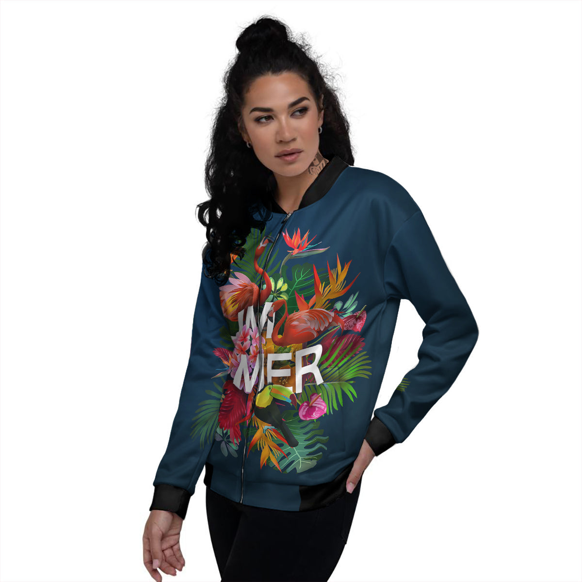 Summer Tropical Birds And Flowers For Travel Print Women's Bomber Jacket-grizzshop