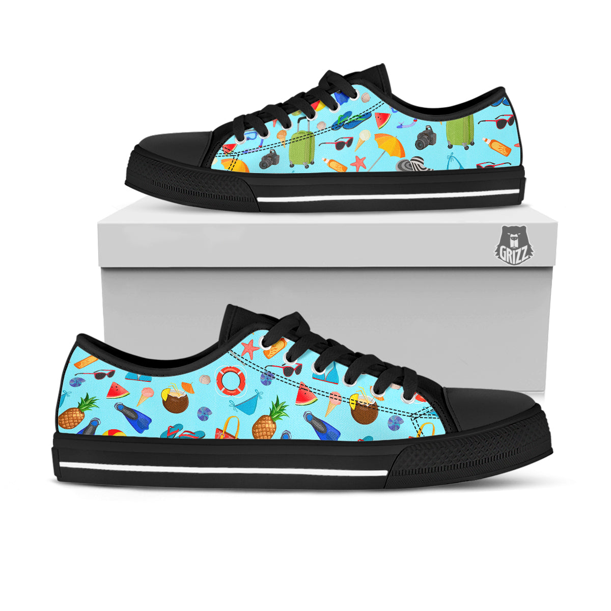 Summer Vacation Travel Print Pattern Black Low Top Shoes-grizzshop