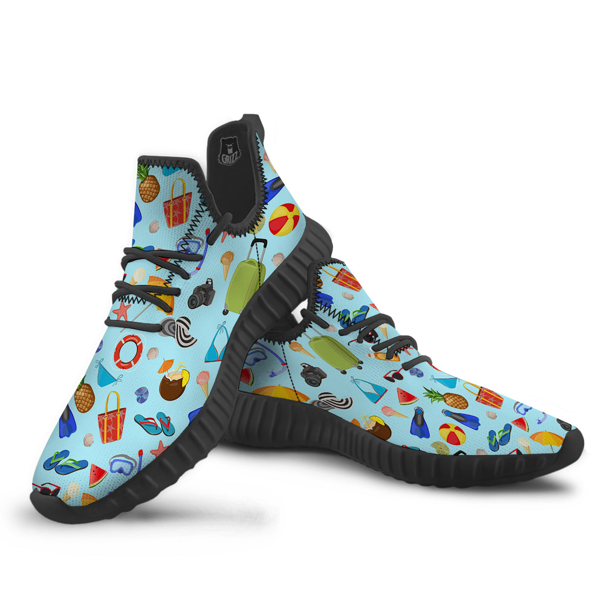 Summer Vacation Travel Print Pattern Black Walking Shoes-grizzshop