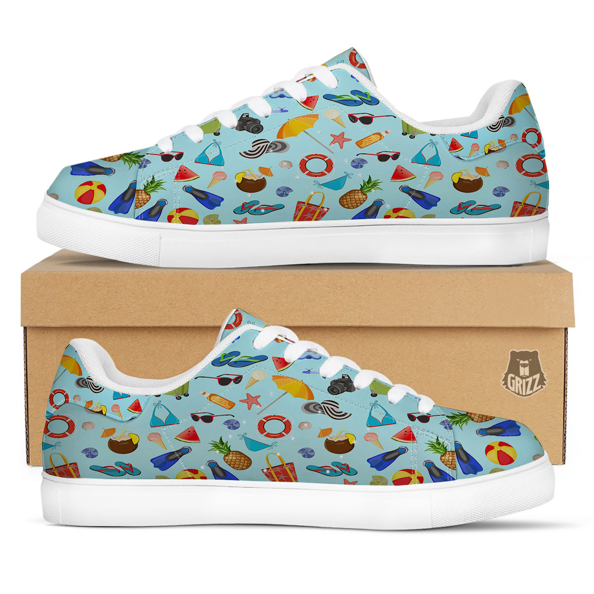 Summer Vacation Travel Print Pattern White Low Top Sneakers-grizzshop