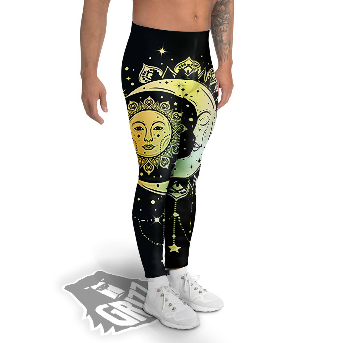 Sun And Bohemian Moon Print Men's Leggings-grizzshop