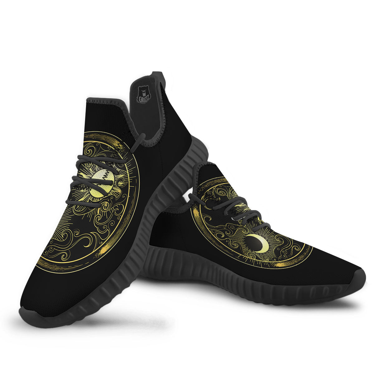 Sun And Gold Moon Print Black Walking Shoes-grizzshop