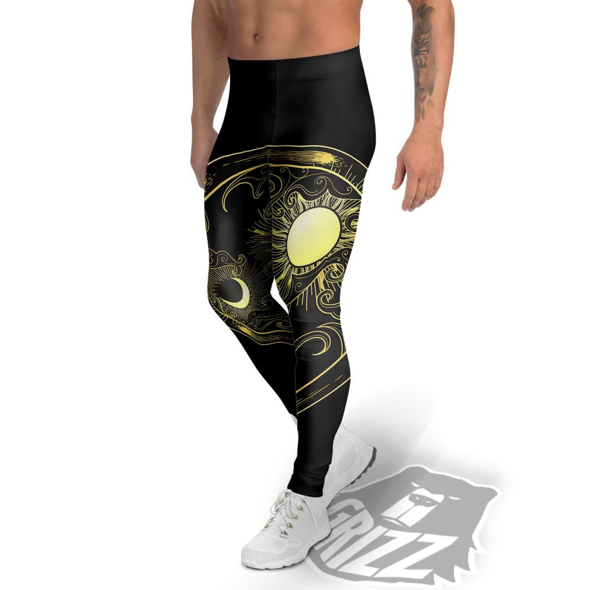 Sun And Gold Moon Print Men's Leggings-grizzshop