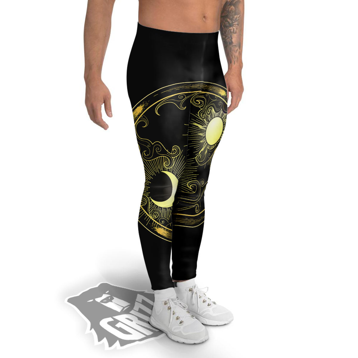 Sun And Gold Moon Print Men's Leggings-grizzshop