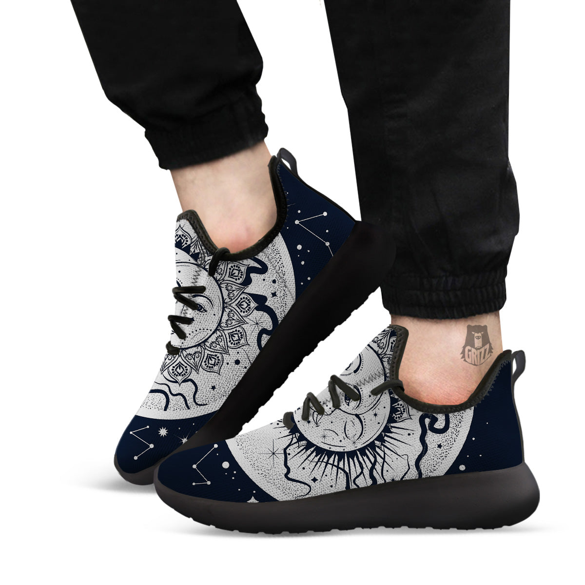 Sun And Moon Bohemian Celestial Print Black Athletic Shoes-grizzshop