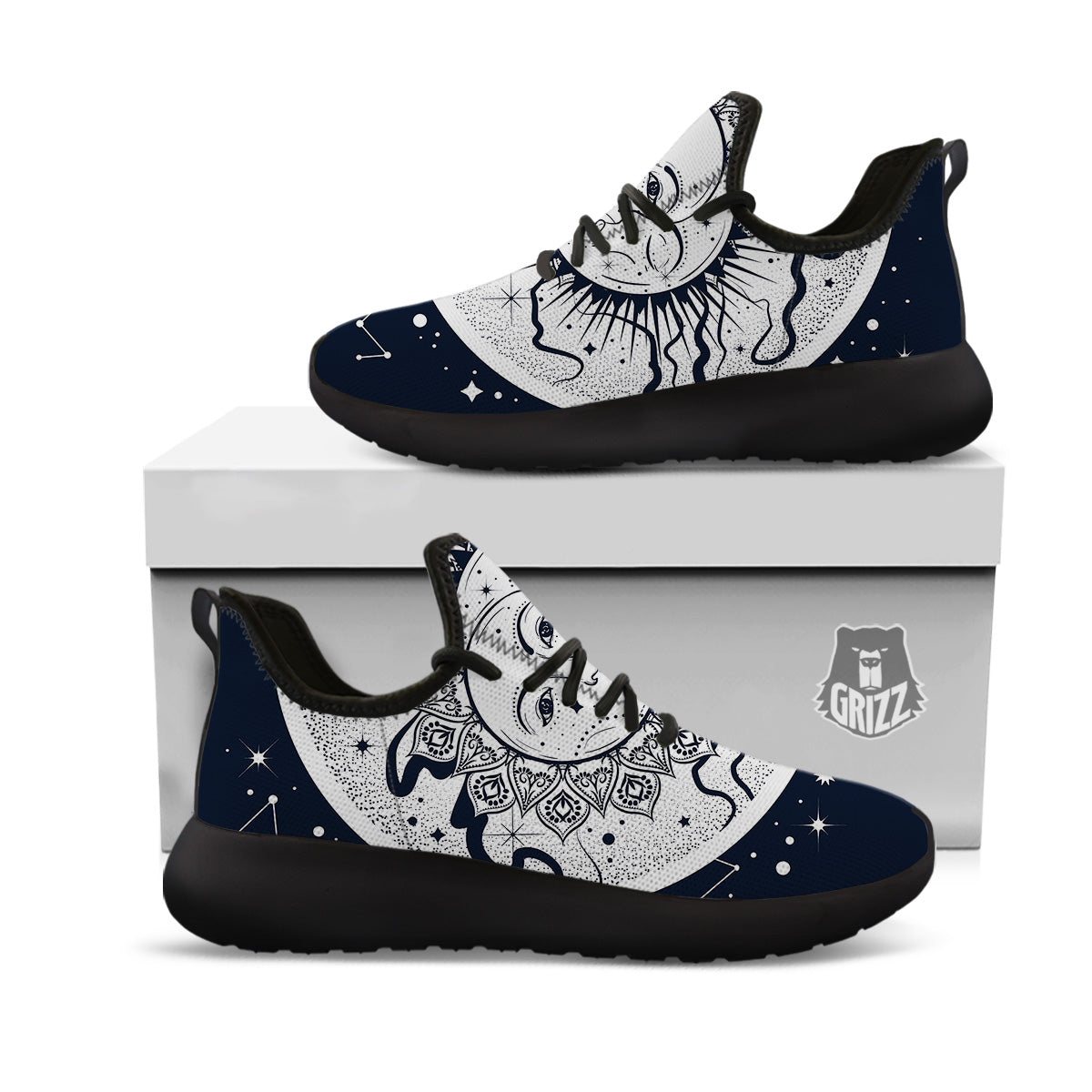Sun And Moon Bohemian Celestial Print Black Athletic Shoes-grizzshop