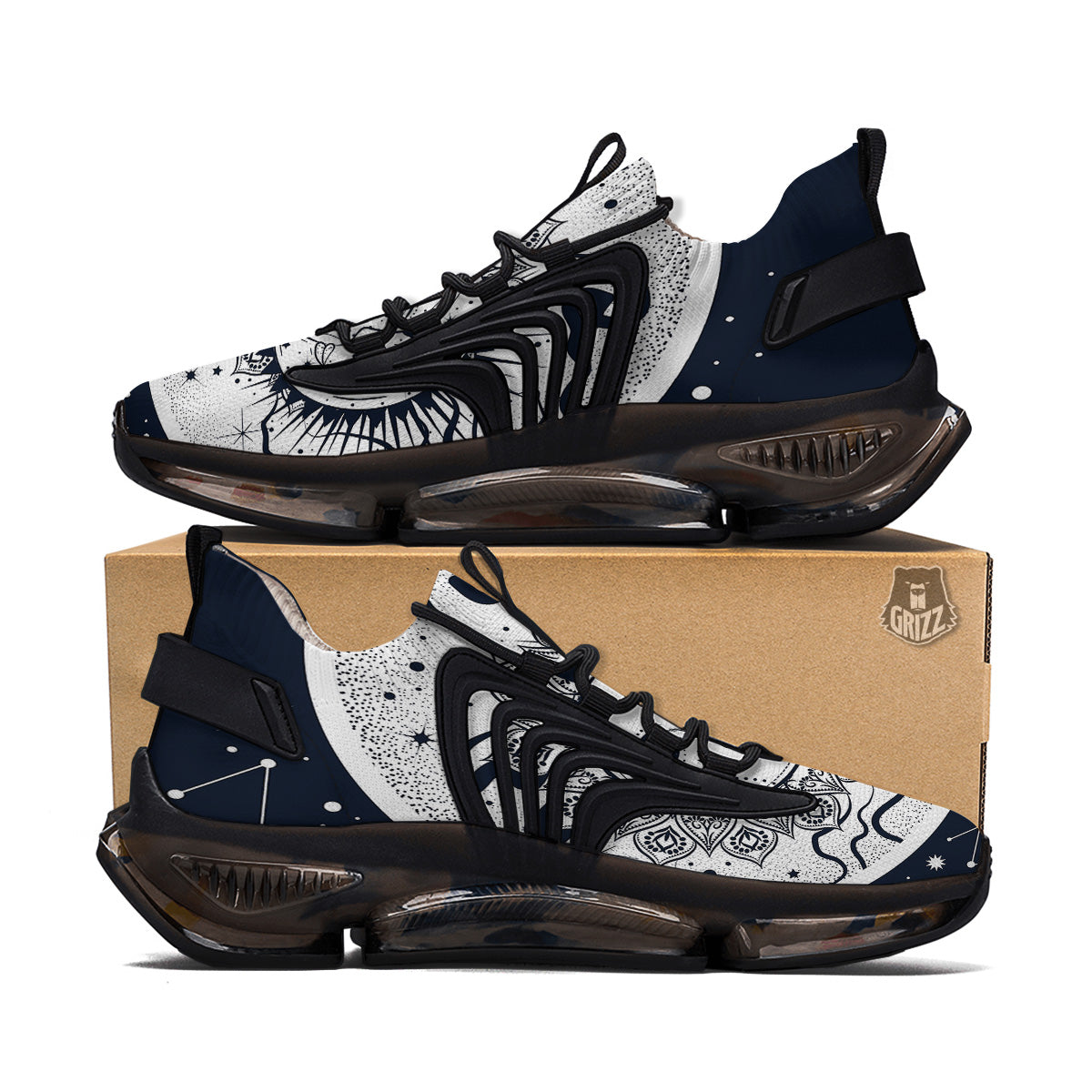 Sun And Moon Bohemian Celestial Print Black Gym Shoes-grizzshop