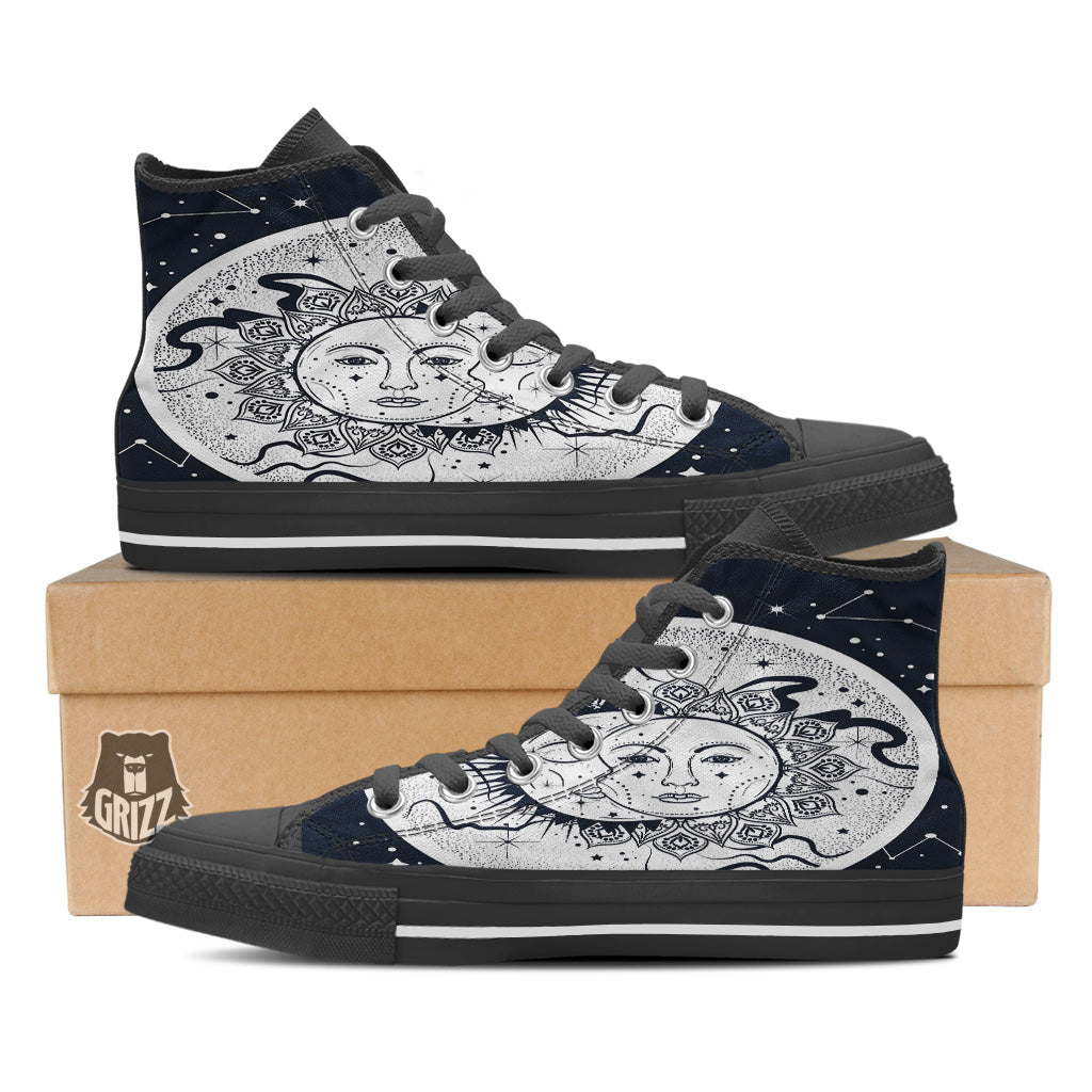 Sun And Moon Bohemian Celestial Print Black High Top Shoes-grizzshop