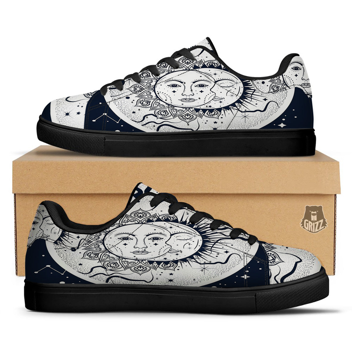 Sun And Moon Bohemian Celestial Print Black Low Top Sneakers-grizzshop