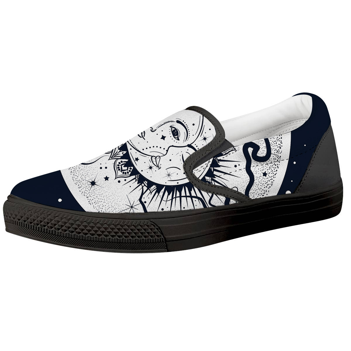 Sun And Moon Bohemian Celestial Print Black Slip On Shoes-grizzshop