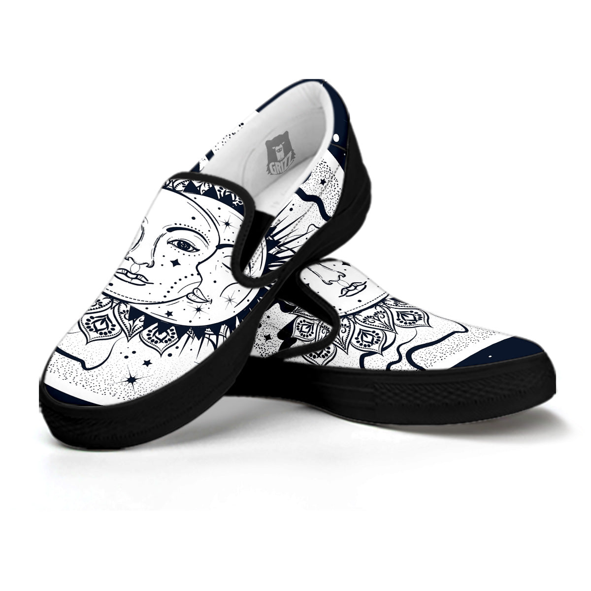 Sun And Moon Bohemian Celestial Print Black Slip On Shoes-grizzshop