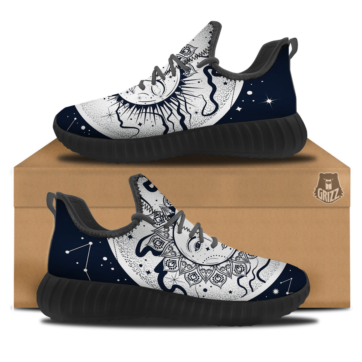 Sun And Moon Bohemian Celestial Print Black Walking Shoes-grizzshop