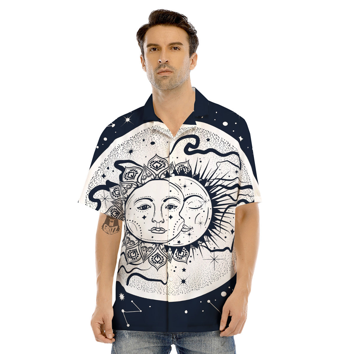 Sun And Moon Bohemian Celestial Print Men's Hawaiian Shirt-grizzshop
