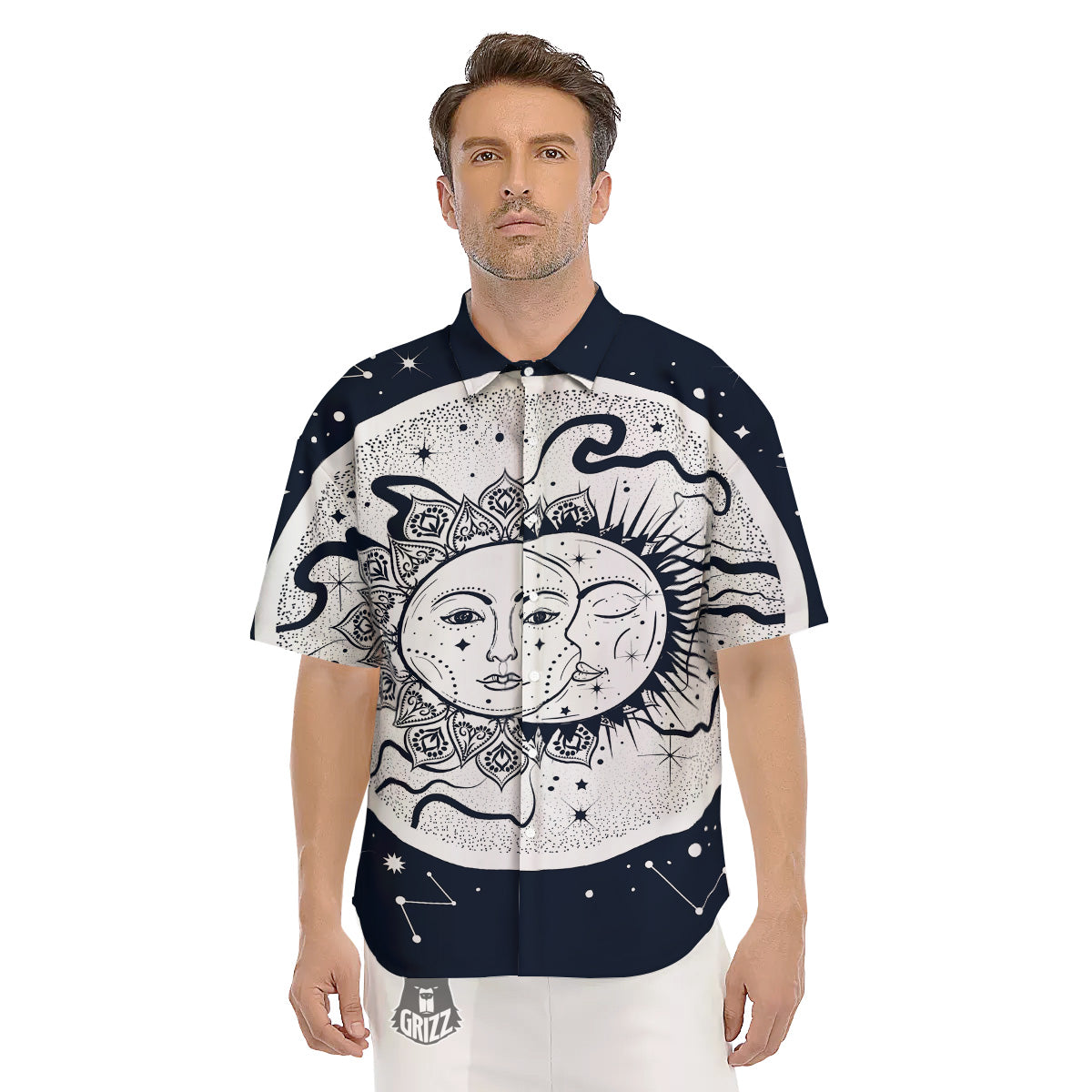Sun And Moon Bohemian Celestial Print Men's Short Sleeve Shirts-grizzshop