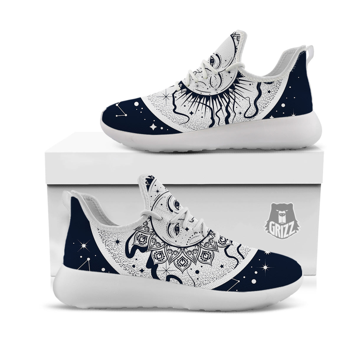 Sun And Moon Bohemian Celestial Print White Athletic Shoes-grizzshop
