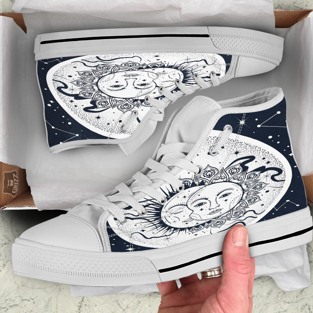 Sun And Moon Bohemian Celestial Print White High Top Shoes-grizzshop