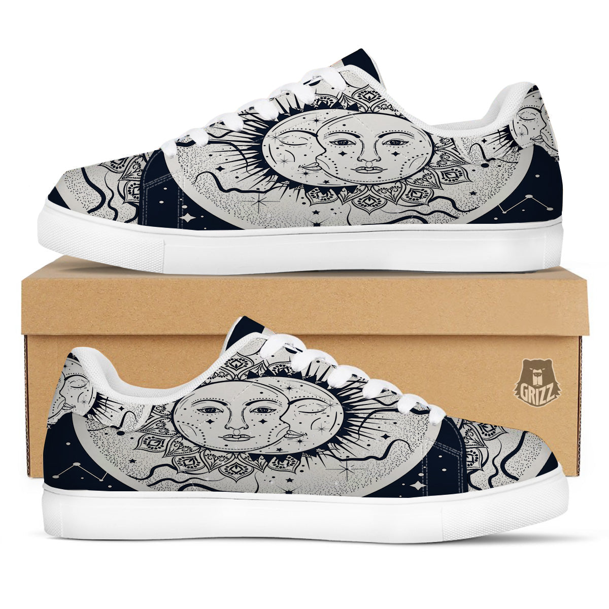 Sun And Moon Bohemian Celestial Print White Low Top Sneakers-grizzshop