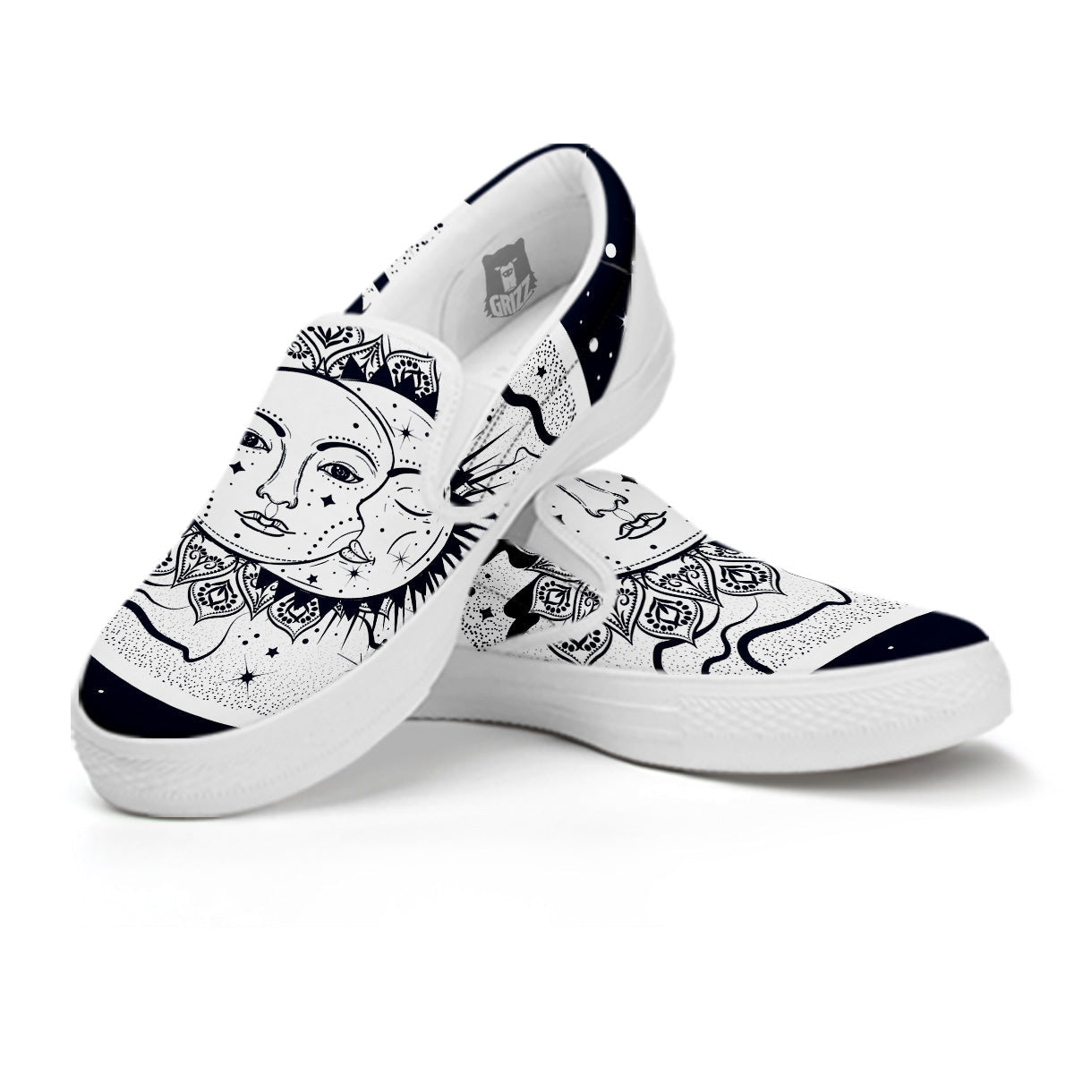 Sun And Moon Bohemian Celestial Print White Slip On Shoes-grizzshop