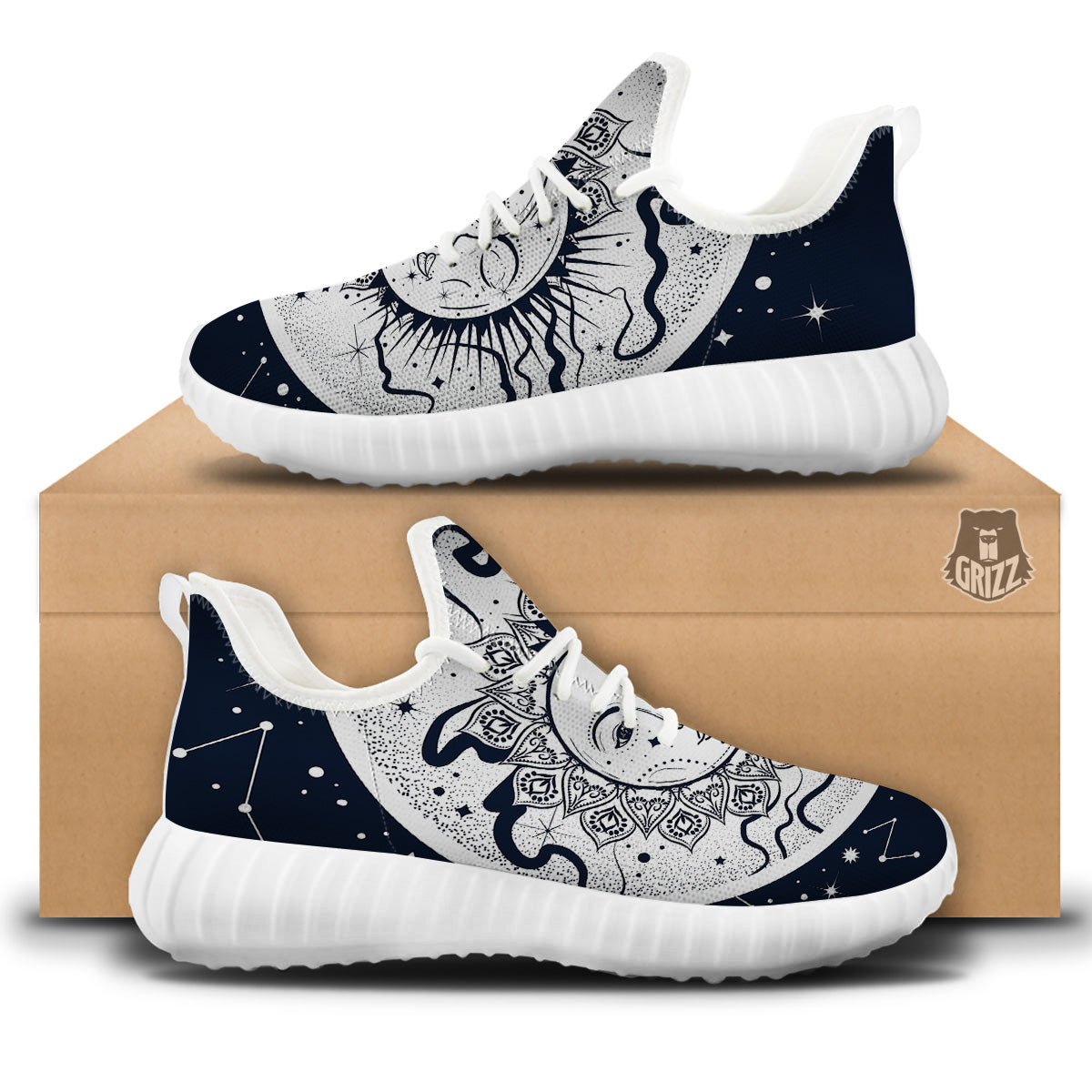 Sun And Moon Bohemian Celestial Print White Walking Shoes-grizzshop
