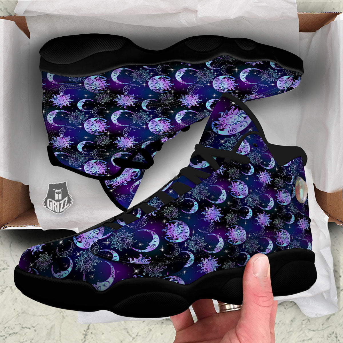 Sun And Moon Galaxy Celestial Print Black Basketball Shoes-grizzshop