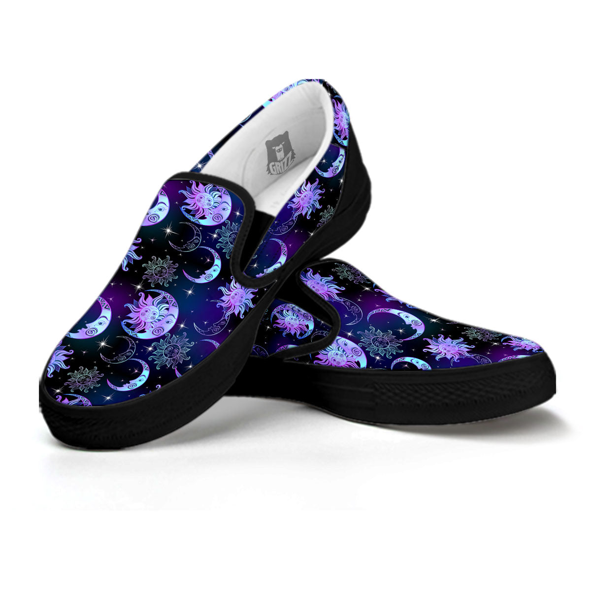 Sun And Moon Galaxy Celestial Print Black Slip On Shoes-grizzshop