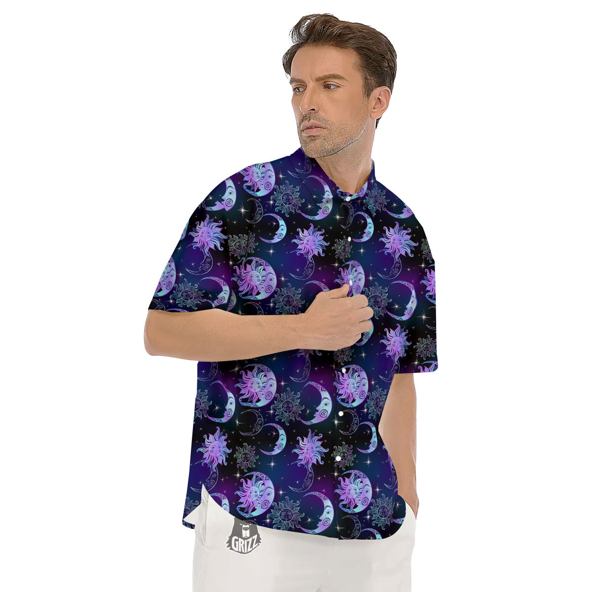 Sun And Moon Galaxy Celestial Print Men's Short Sleeve Shirts-grizzshop
