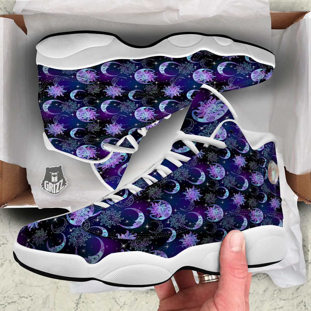Sun And Moon Galaxy Celestial Print White Basketball Shoes-grizzshop