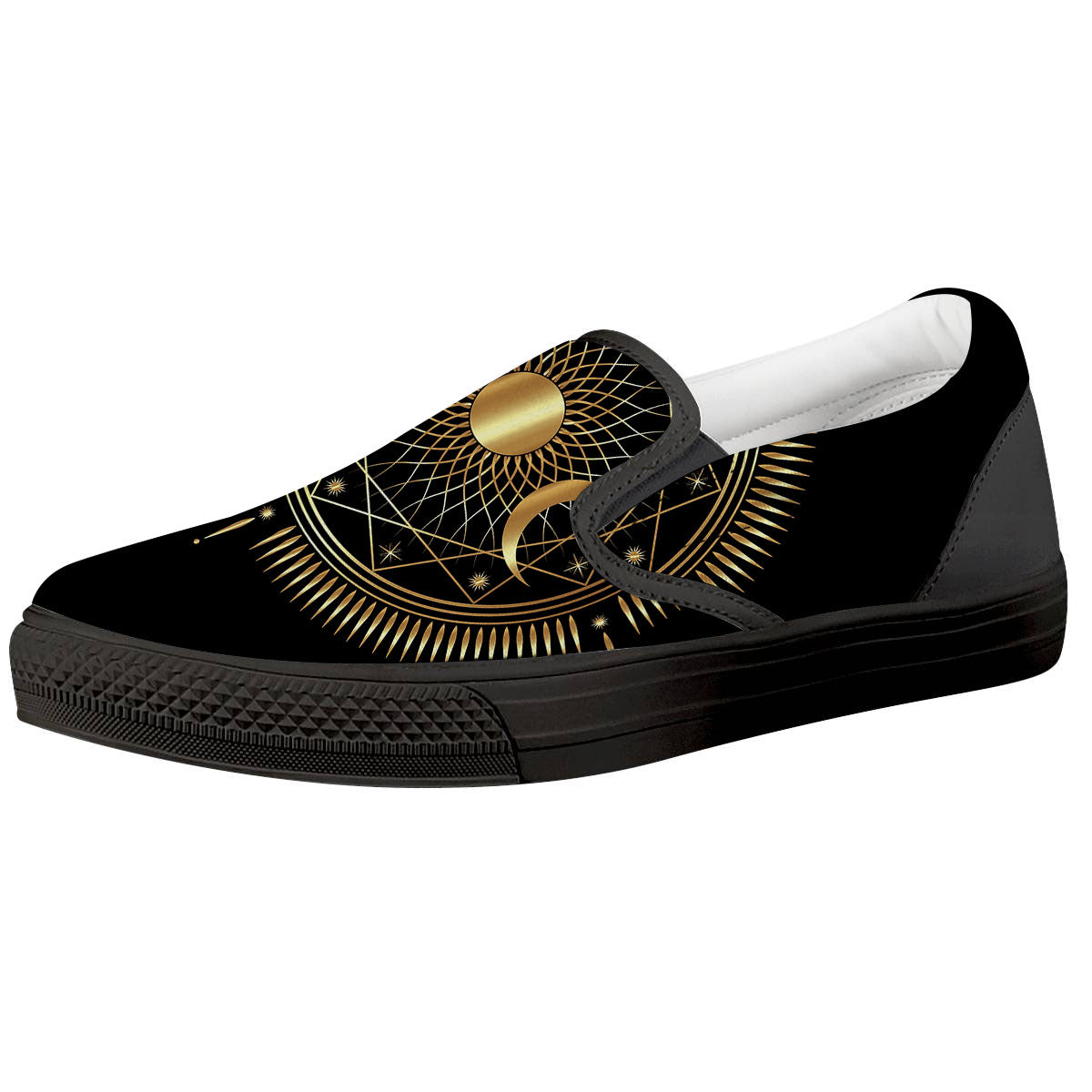 Sun And Moon Geometric Celestial Print Black Slip On Shoes-grizzshop