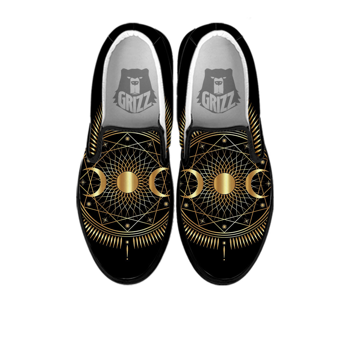 Sun And Moon Geometric Celestial Print Black Slip On Shoes-grizzshop