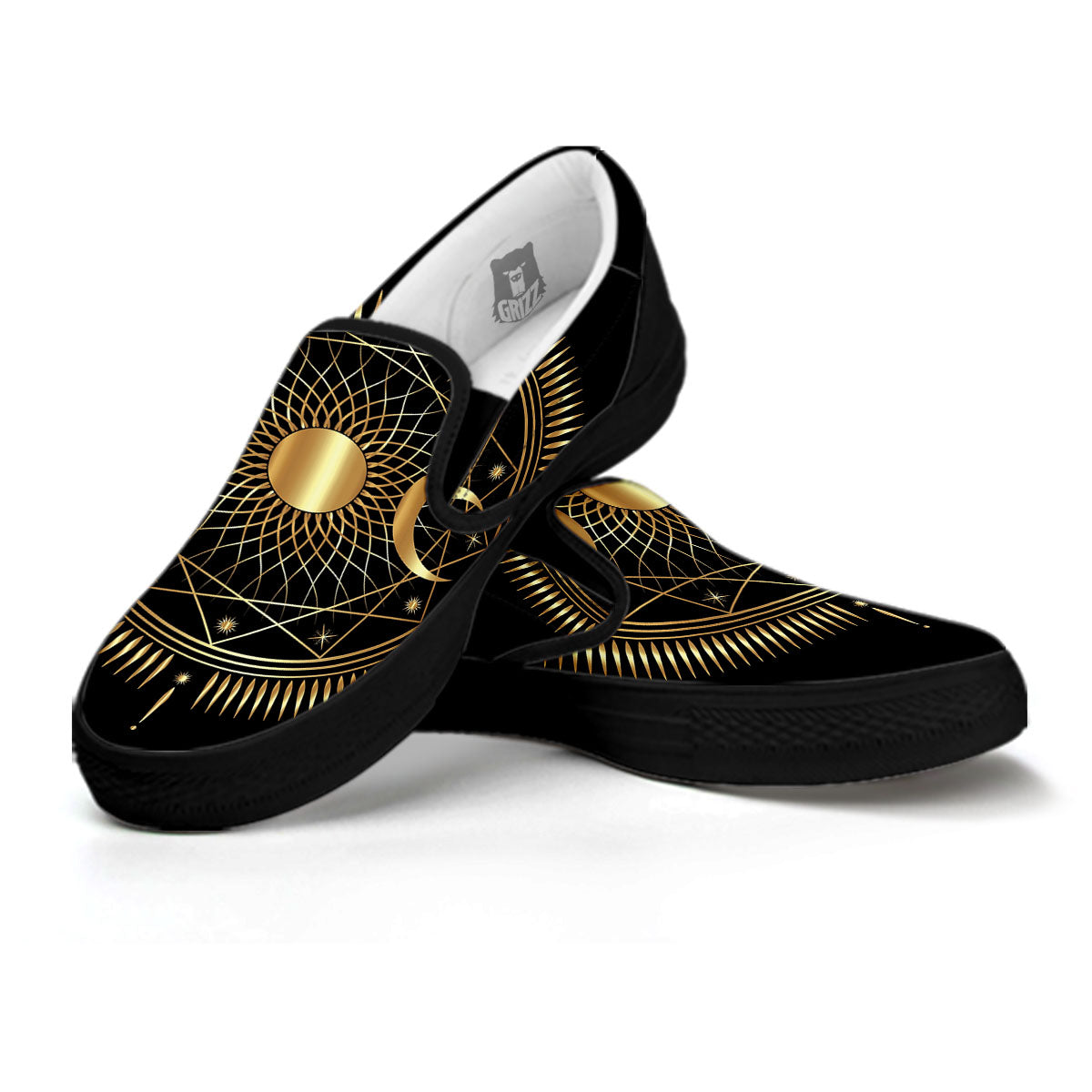 Sun And Moon Geometric Celestial Print Black Slip On Shoes-grizzshop