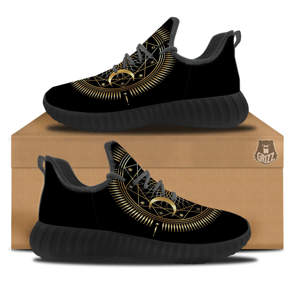 Sun And Moon Geometric Celestial Print Black Walking Shoes-grizzshop