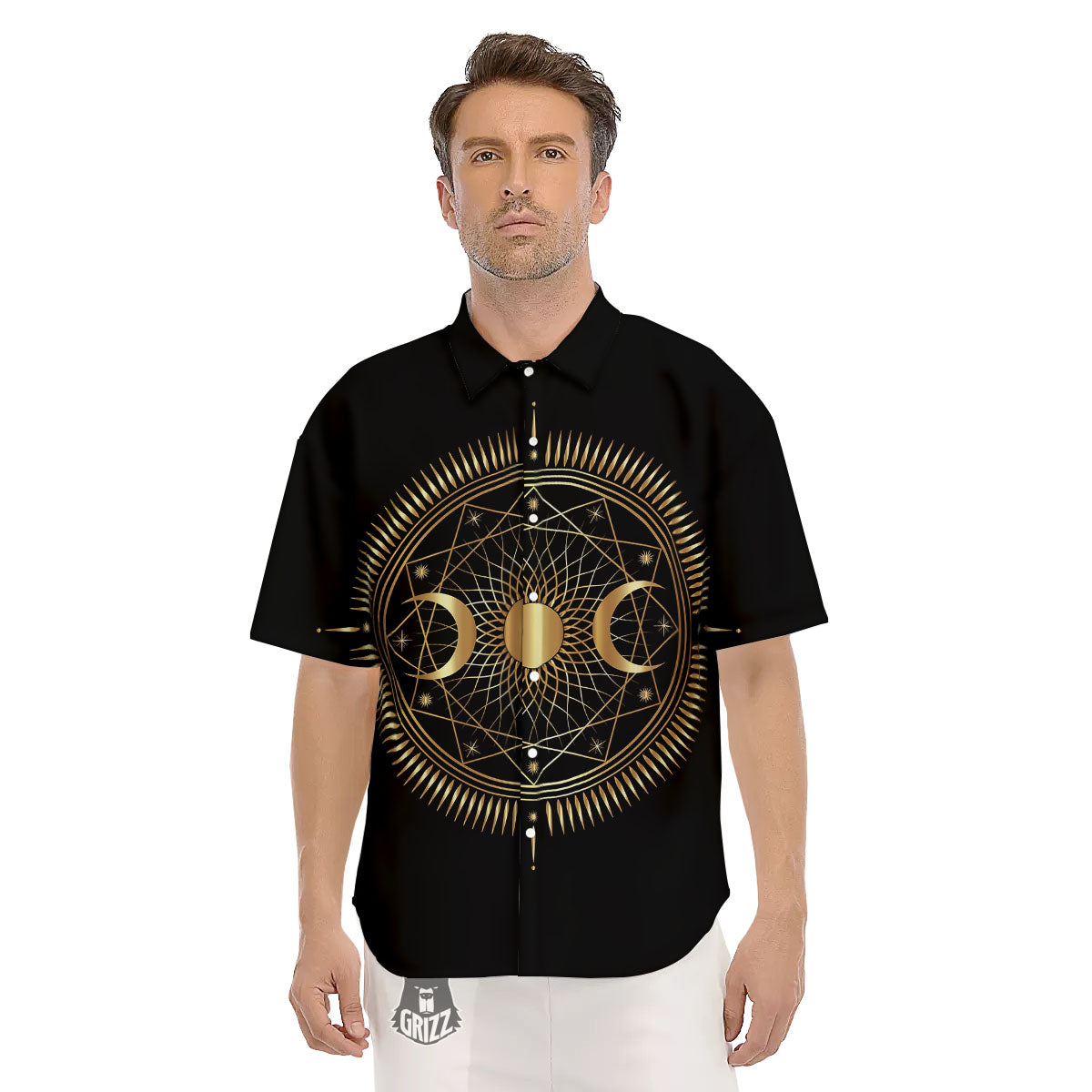 Sun And Moon Geometric Celestial Print Men's Short Sleeve Shirts-grizzshop