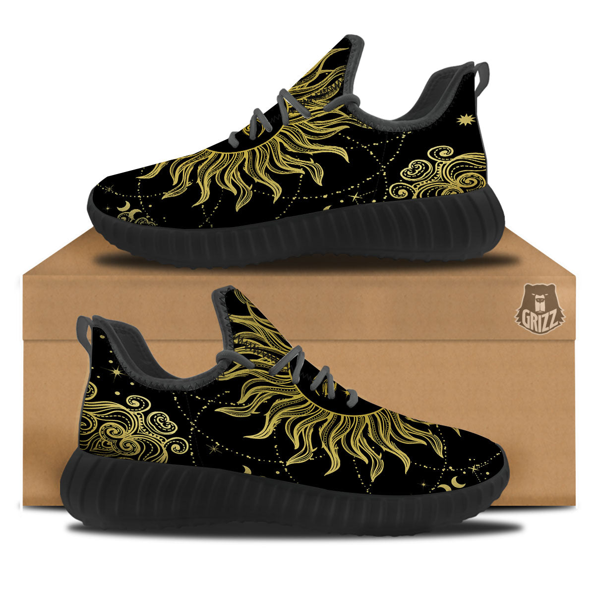 Sun Celestial Vintage Print Black Walking Shoes-grizzshop
