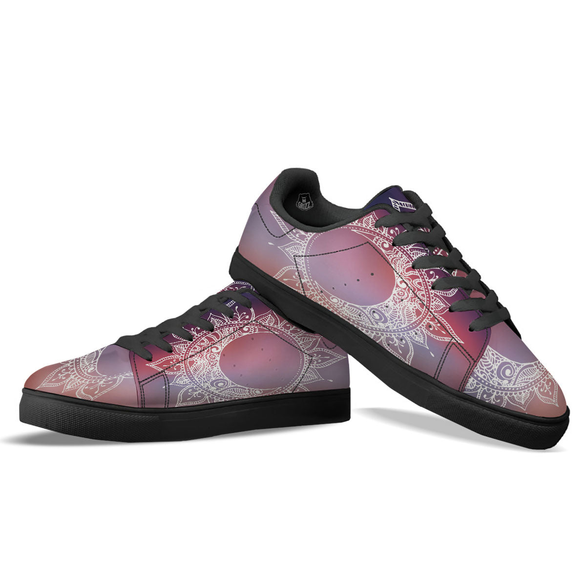 Sun Mandala Print Black Low Top Sneakers-grizzshop