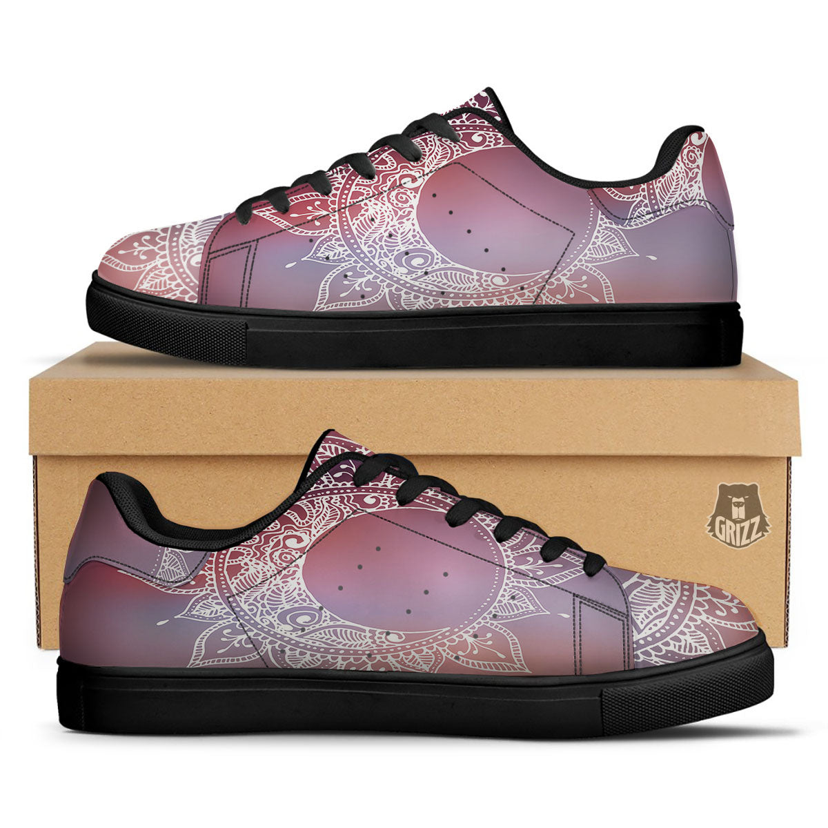 Sun Mandala Print Black Low Top Sneakers-grizzshop