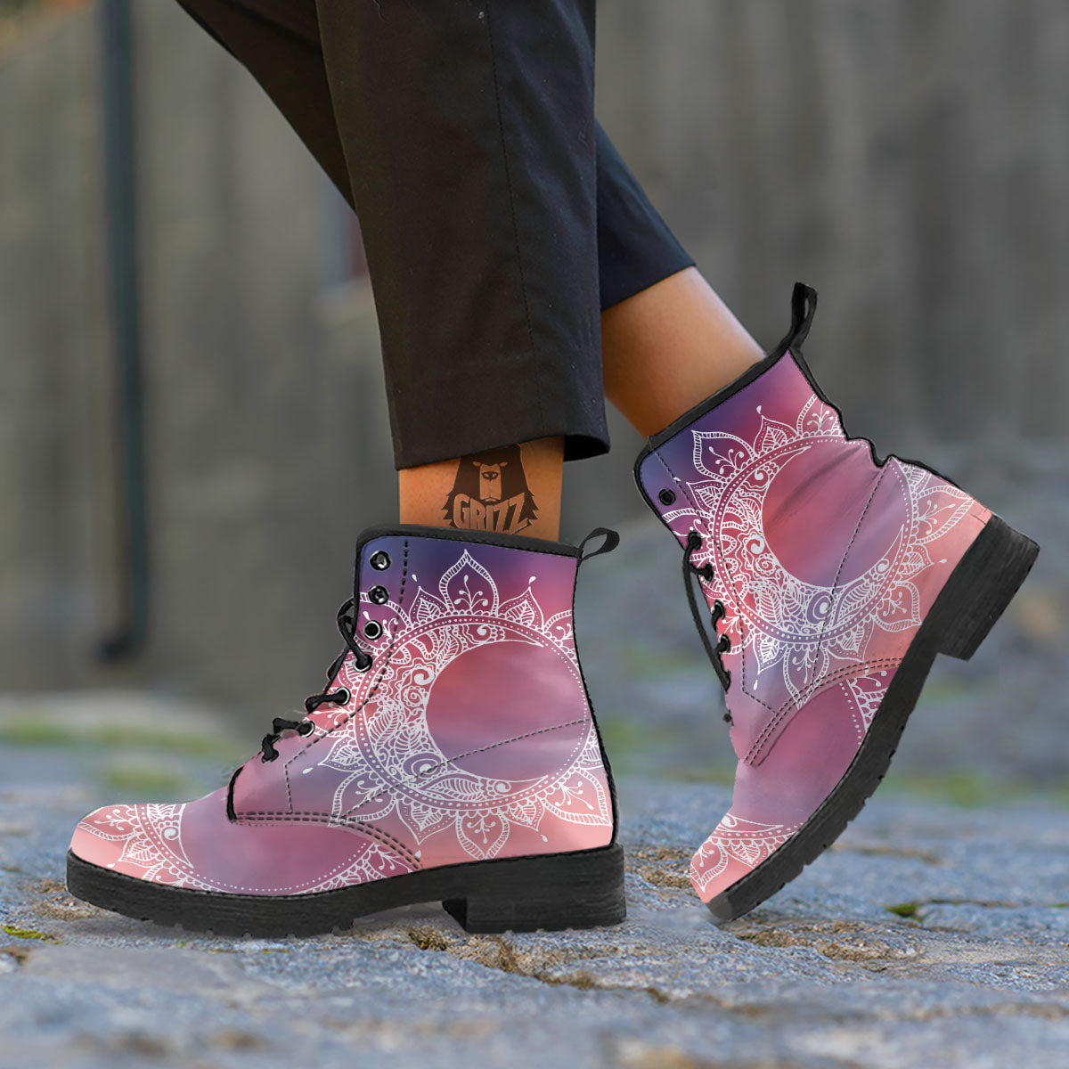 Sun Mandala Print Leather Boots-grizzshop