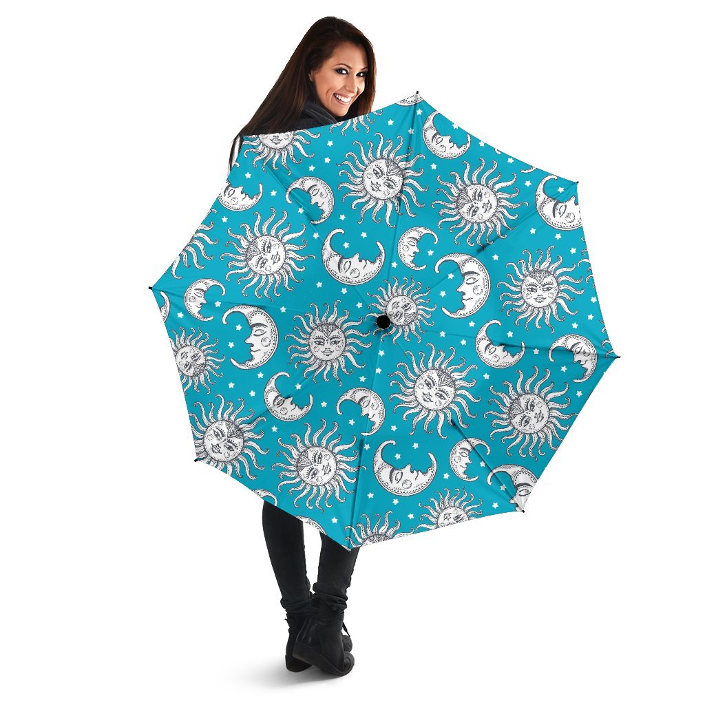 Sun Moon Blue Pattern Print Automatic Foldable Umbrella-grizzshop
