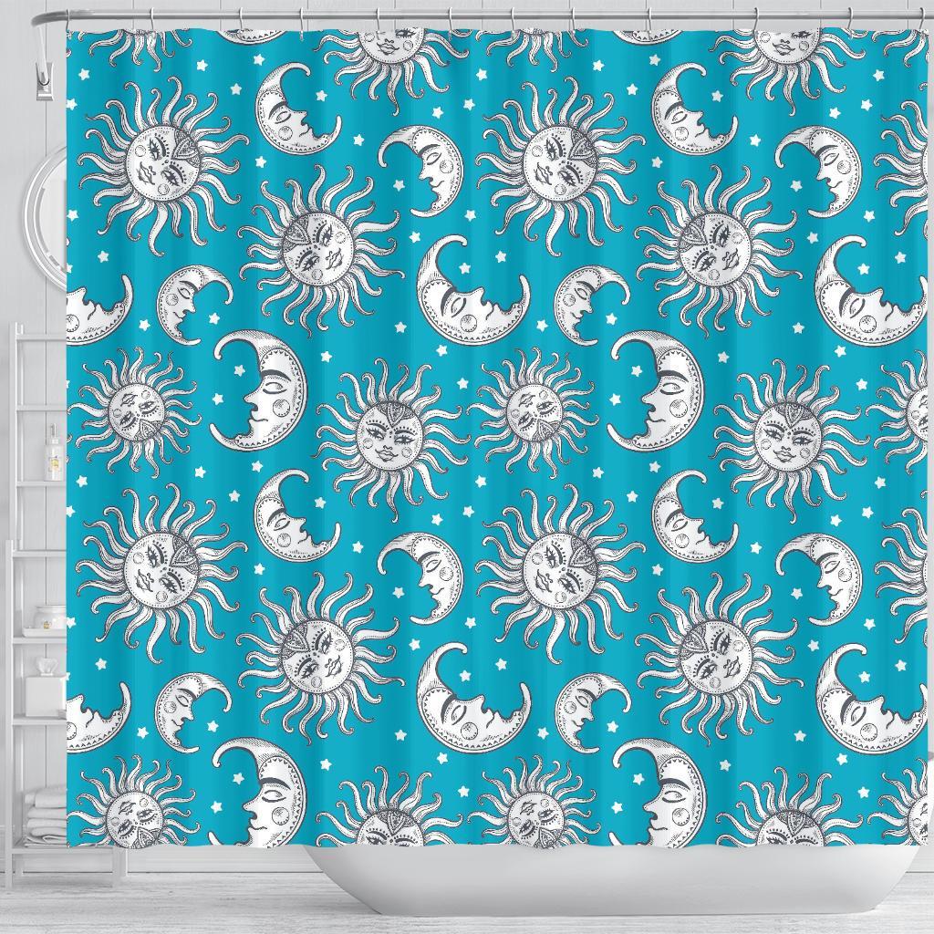 Sun Moon Blue Pattern Print Bathroom Shower Curtain-grizzshop