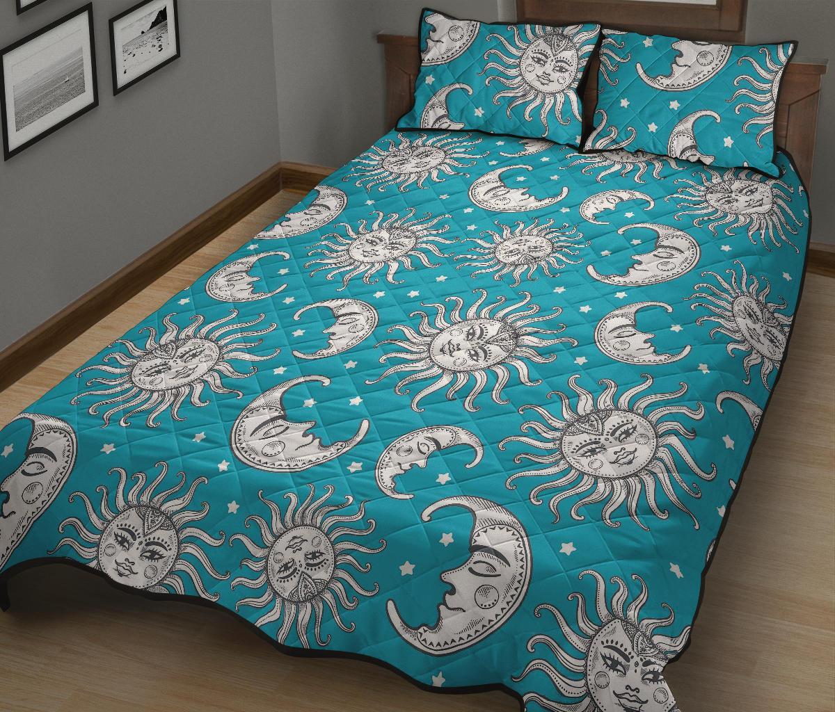 Sun Moon Blue Pattern Print Bed Set Quilt-grizzshop