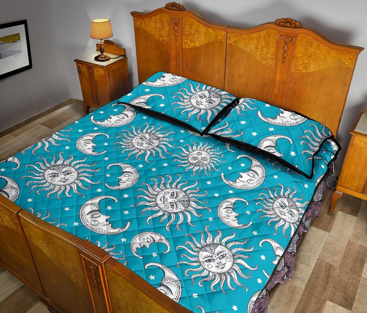 Sun Moon Blue Pattern Print Bed Set Quilt-grizzshop