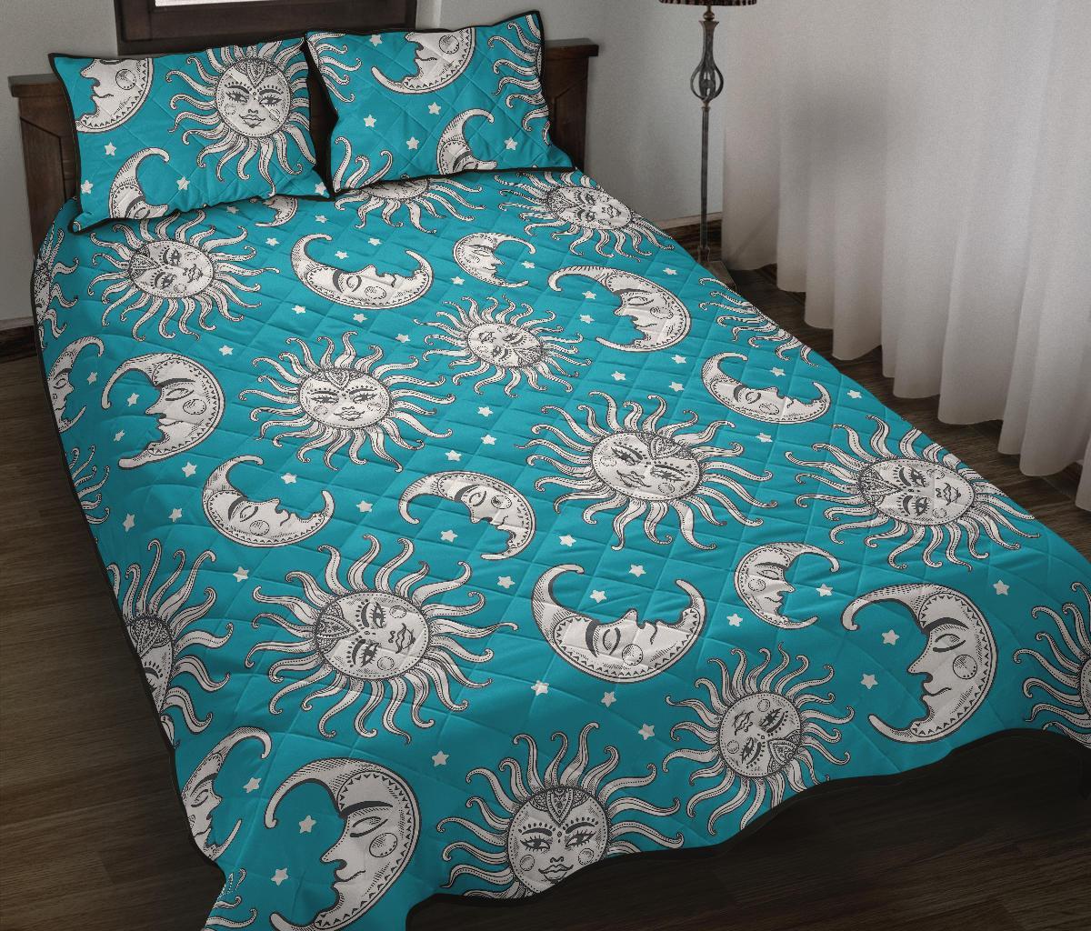 Sun Moon Blue Pattern Print Bed Set Quilt-grizzshop