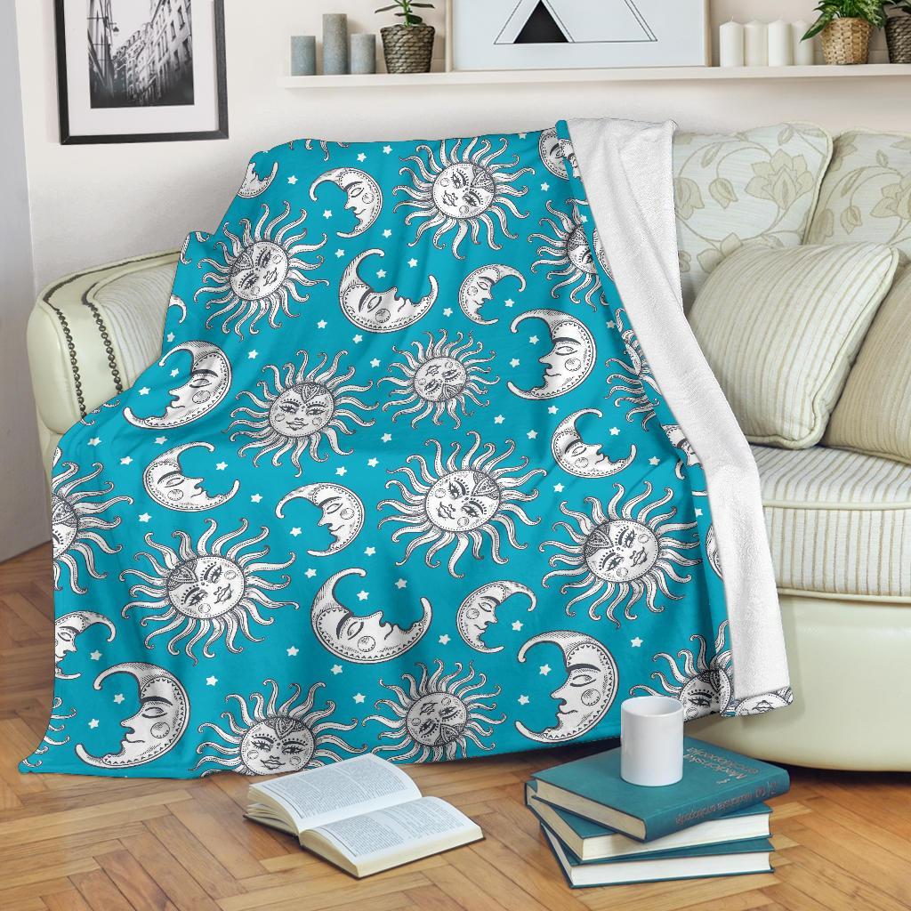 Sun Moon Blue Pattern Print Blanket-grizzshop