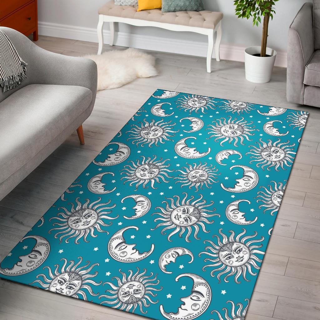 Sun Moon Blue Pattern Print Floor Mat-grizzshop