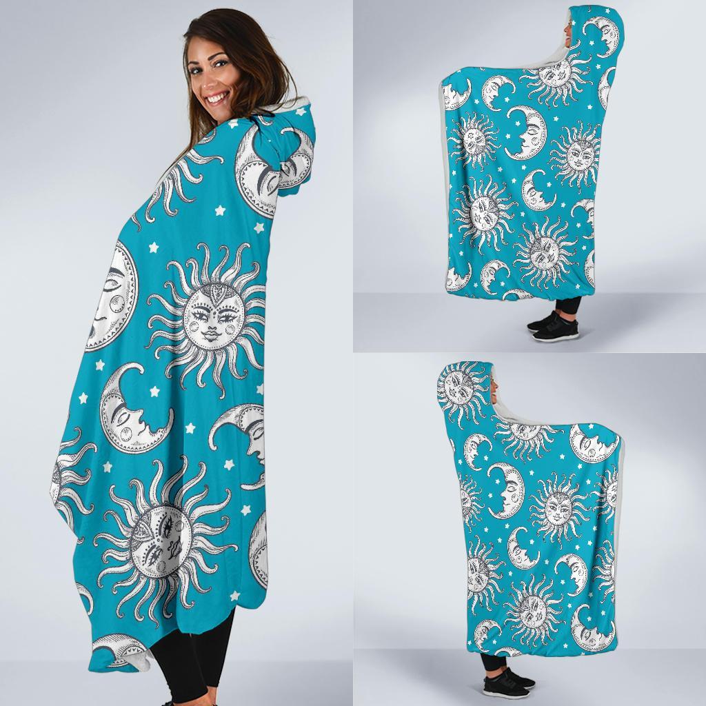 Sun Moon Blue Pattern Print Hooded Blanket-grizzshop