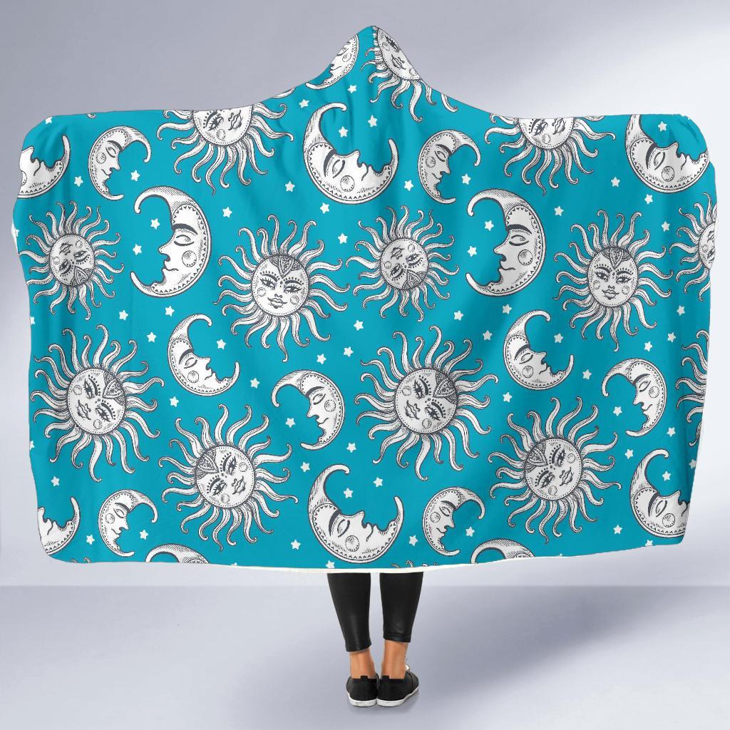Sun Moon Blue Pattern Print Hooded Blanket-grizzshop