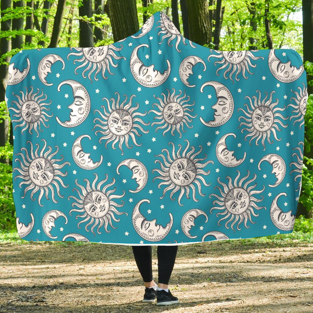 Sun Moon Blue Pattern Print Hooded Blanket-grizzshop