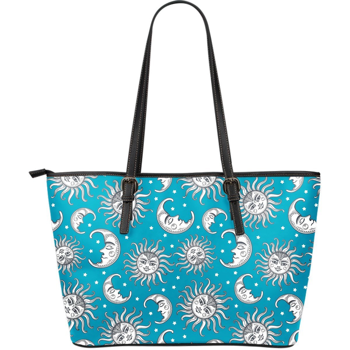 Sun Moon Blue Pattern Print Leather Tote Bag-grizzshop
