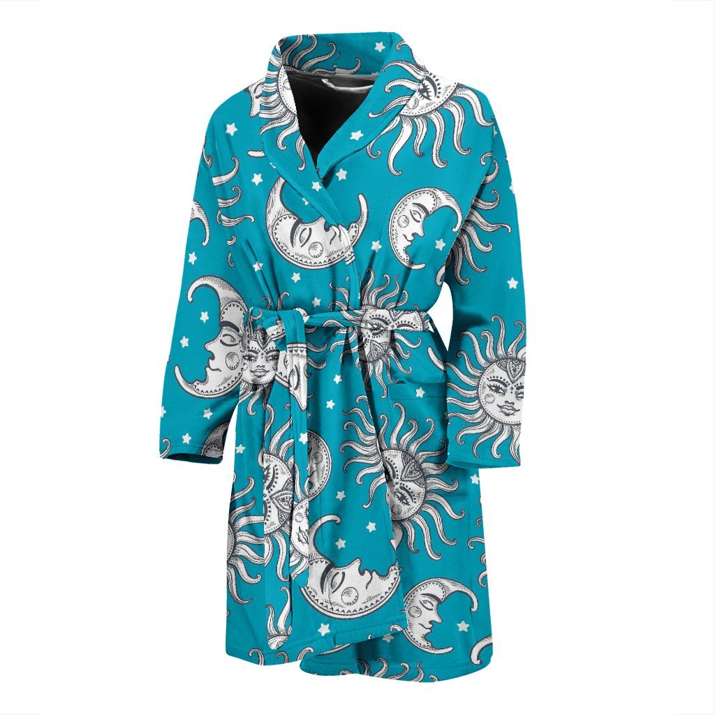 Sun Moon Blue Pattern Print Men Long Robe-grizzshop