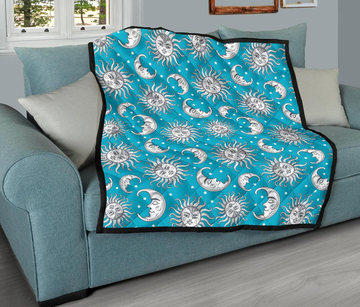 Sun Moon Blue Pattern Print Quilt-grizzshop